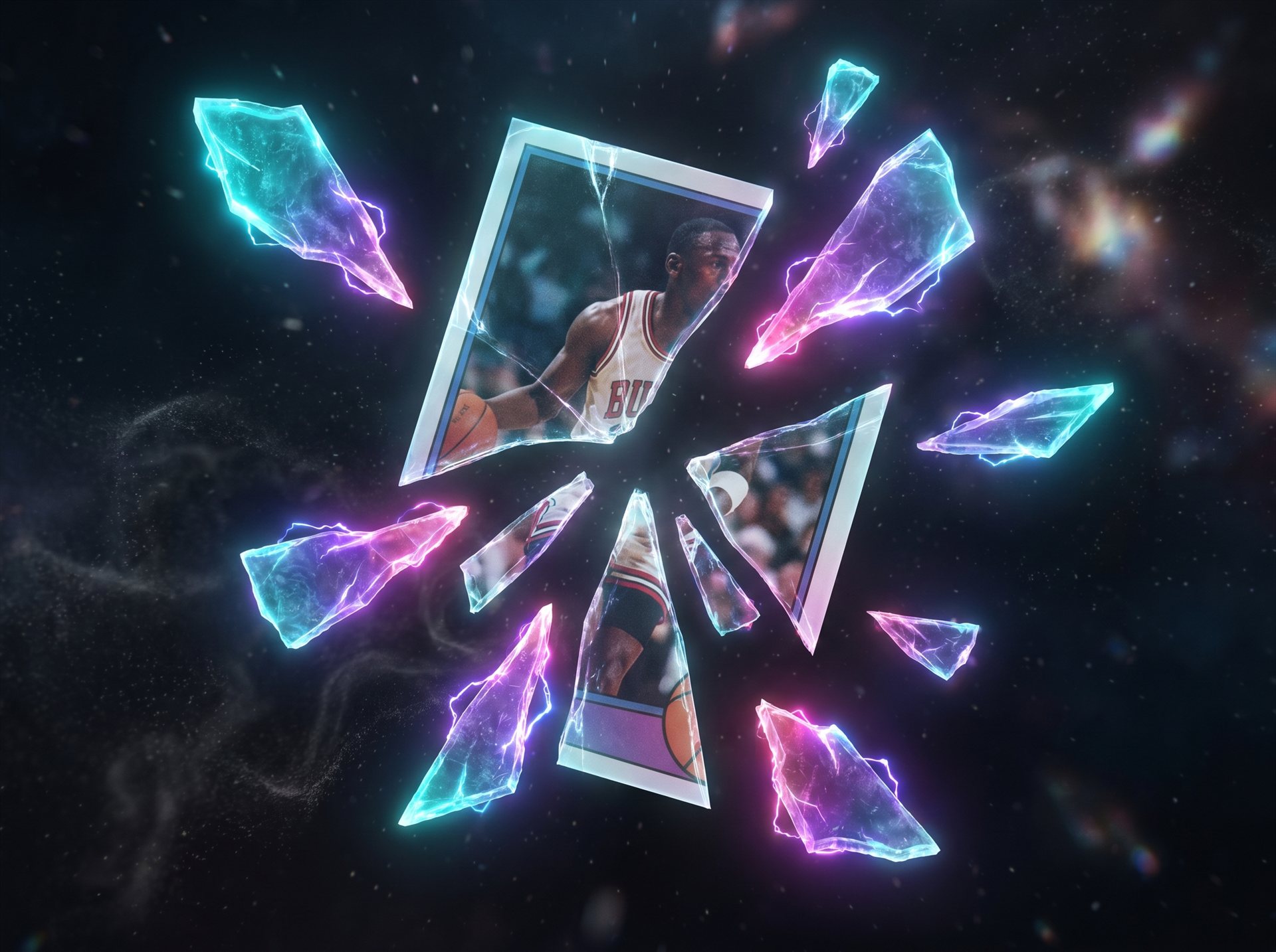 A legendary card splitting into fractional glowing shards