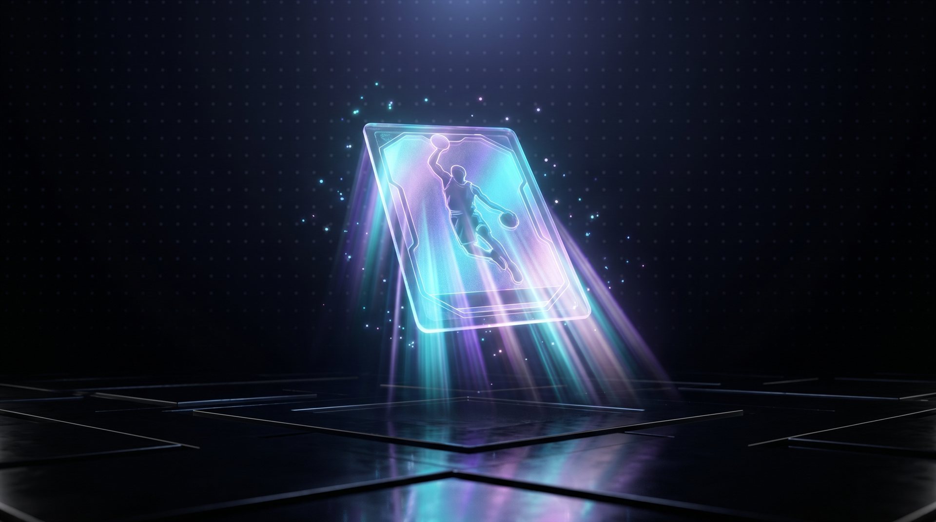 A glowing holographic tokenized sports card floating above a vault floor