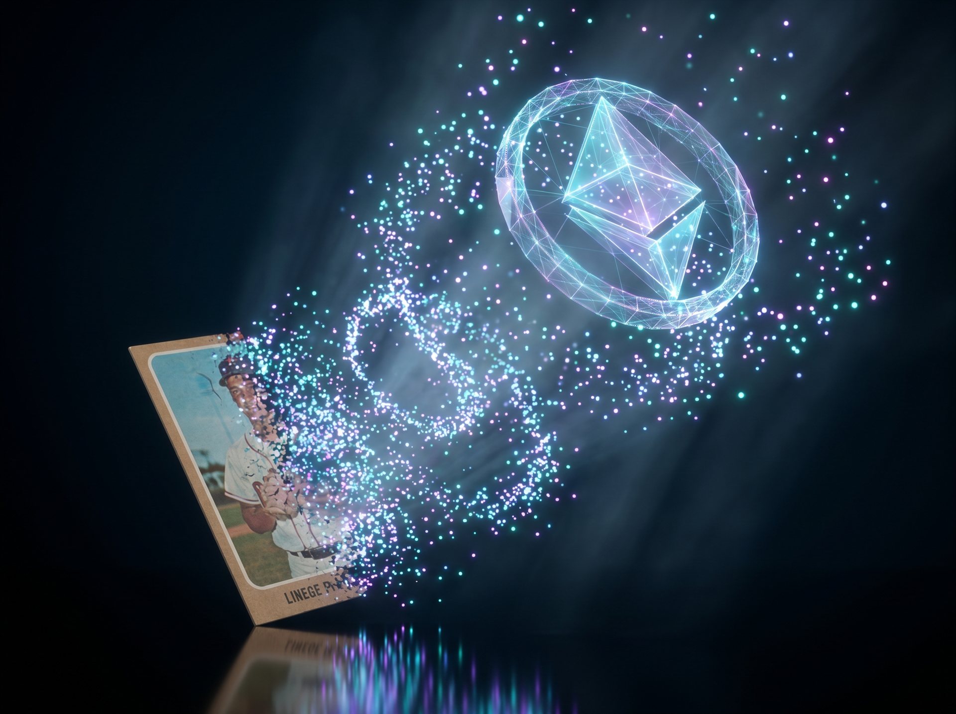 A card dissolving into glowing particles forming a digital token