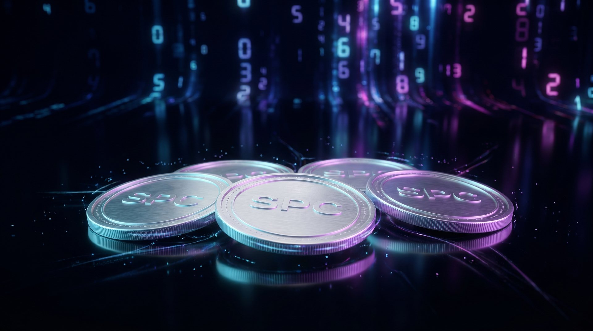 Glowing SPC coins arranged on a polished black surface with data streams in the background