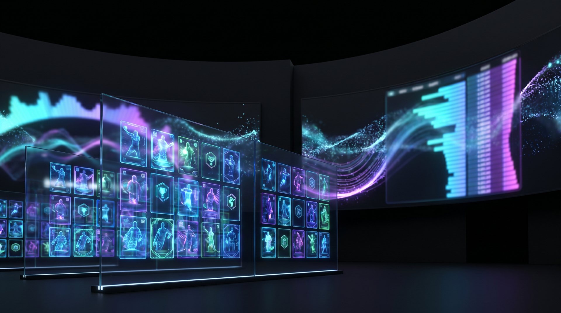 A futuristic trading floor with floating holographic sports cards