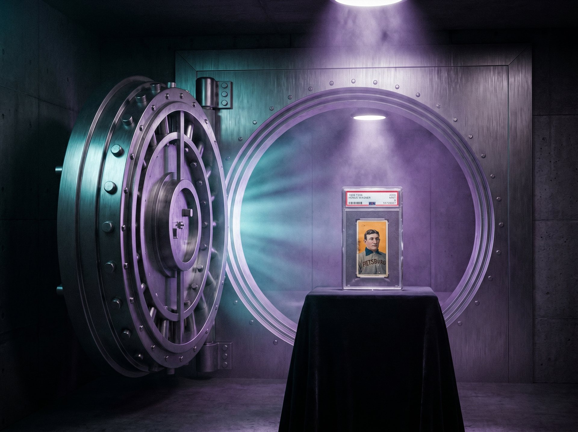 Secure vault interior with a single rare card on a pedestal